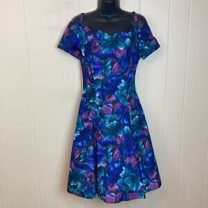 Vintage 80s 90s Off Shoulder Floral Prom Party Dress XXS Rockabilly Fit & Flare